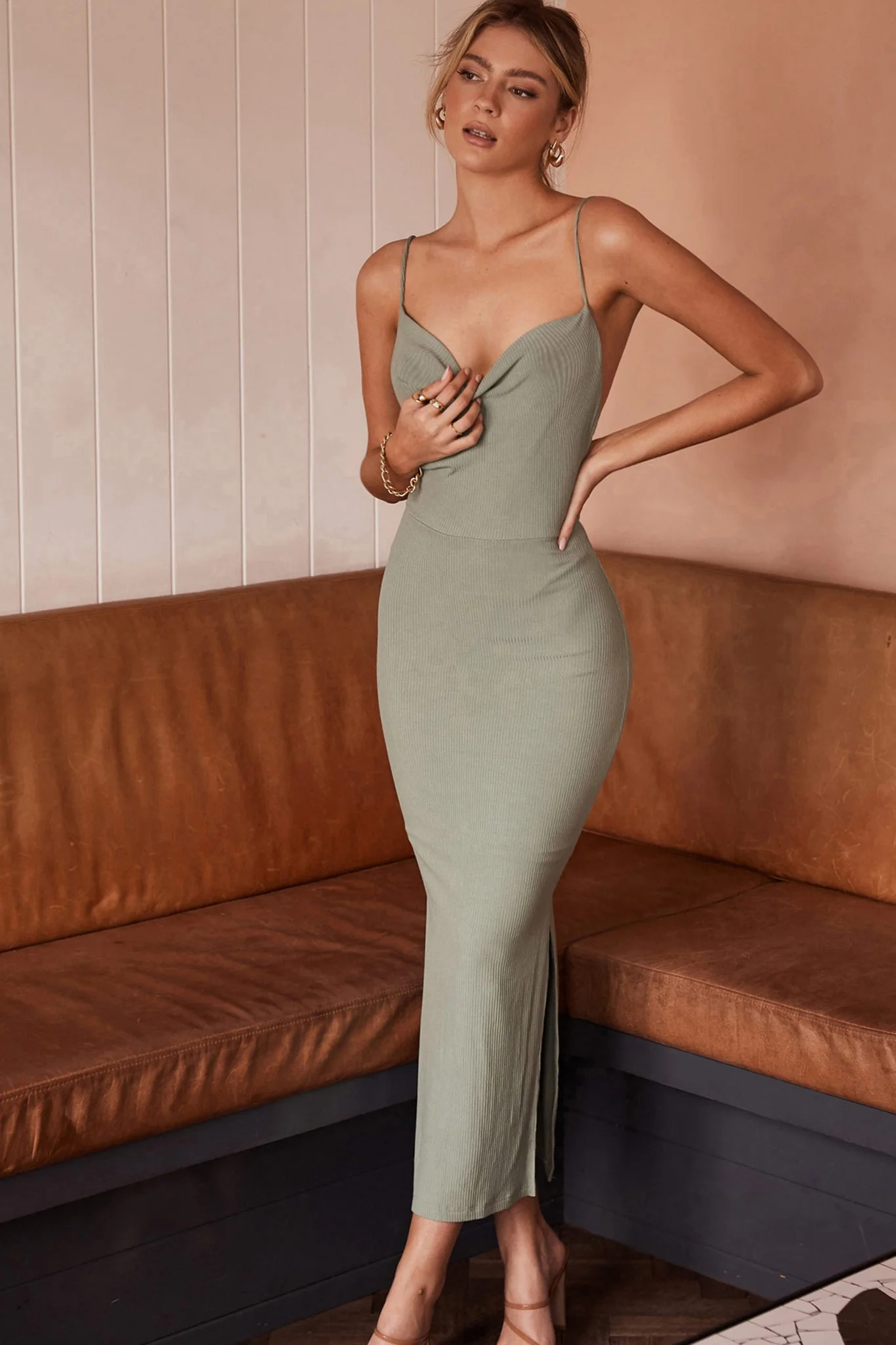 Frieda Cowl Neck Side Split Ribbed Midi Dress Sage - Image 5