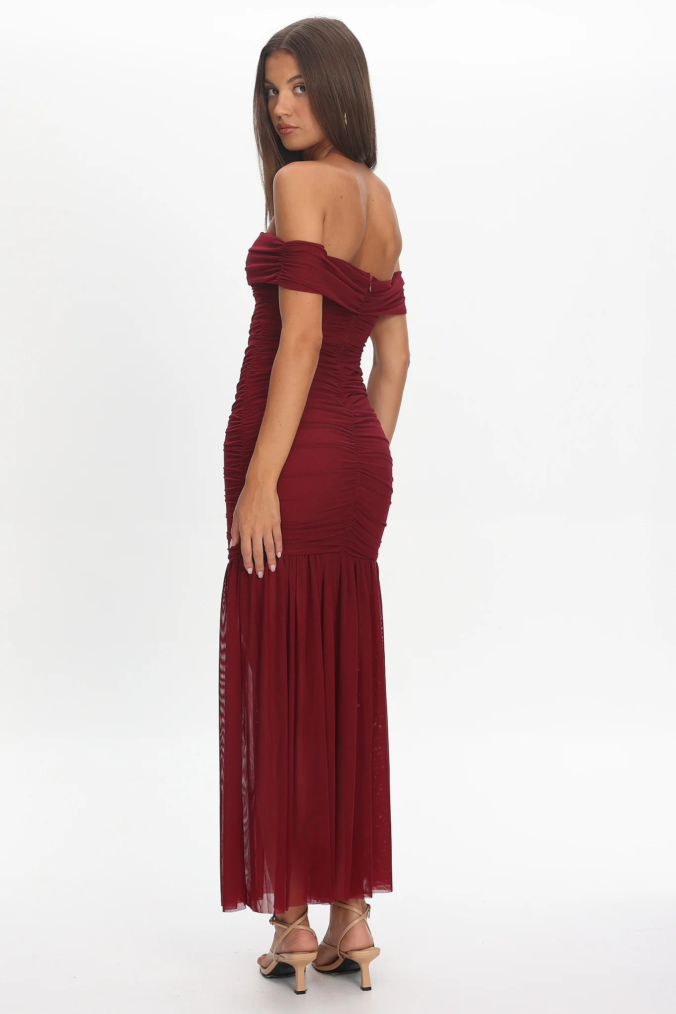 La Salle Off Shoulder Mesh Maxi Dress Wine - Image 4